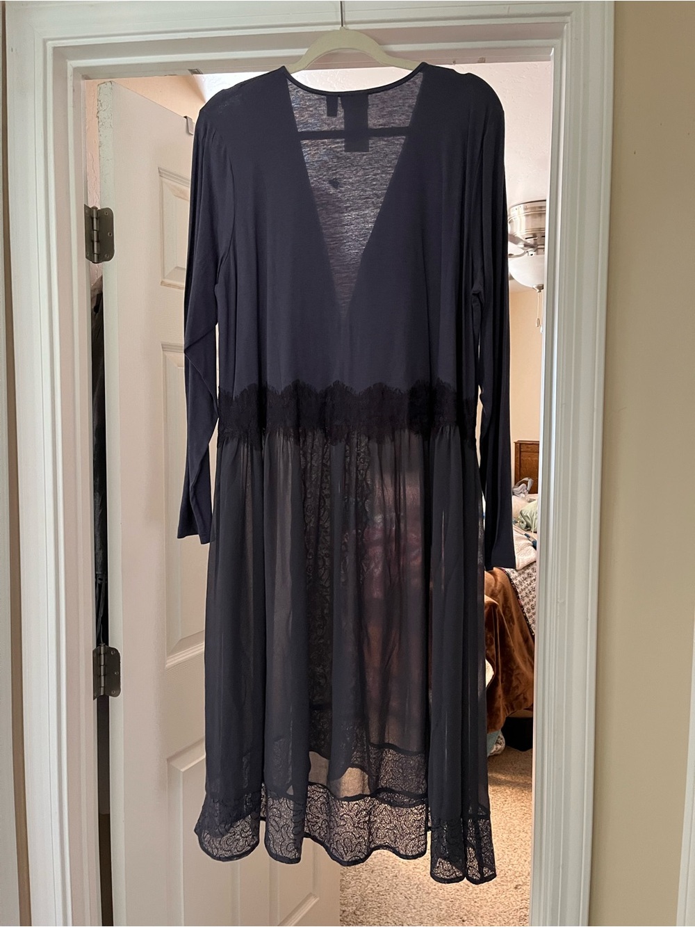 Women's Deep Purple Lace Trim Sheer Duster- Lori Goldstein